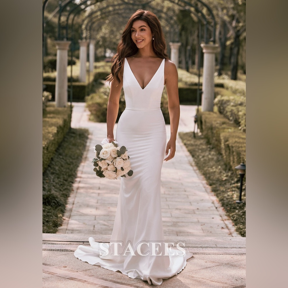 Stacees White V-Neck Wedding Dress
